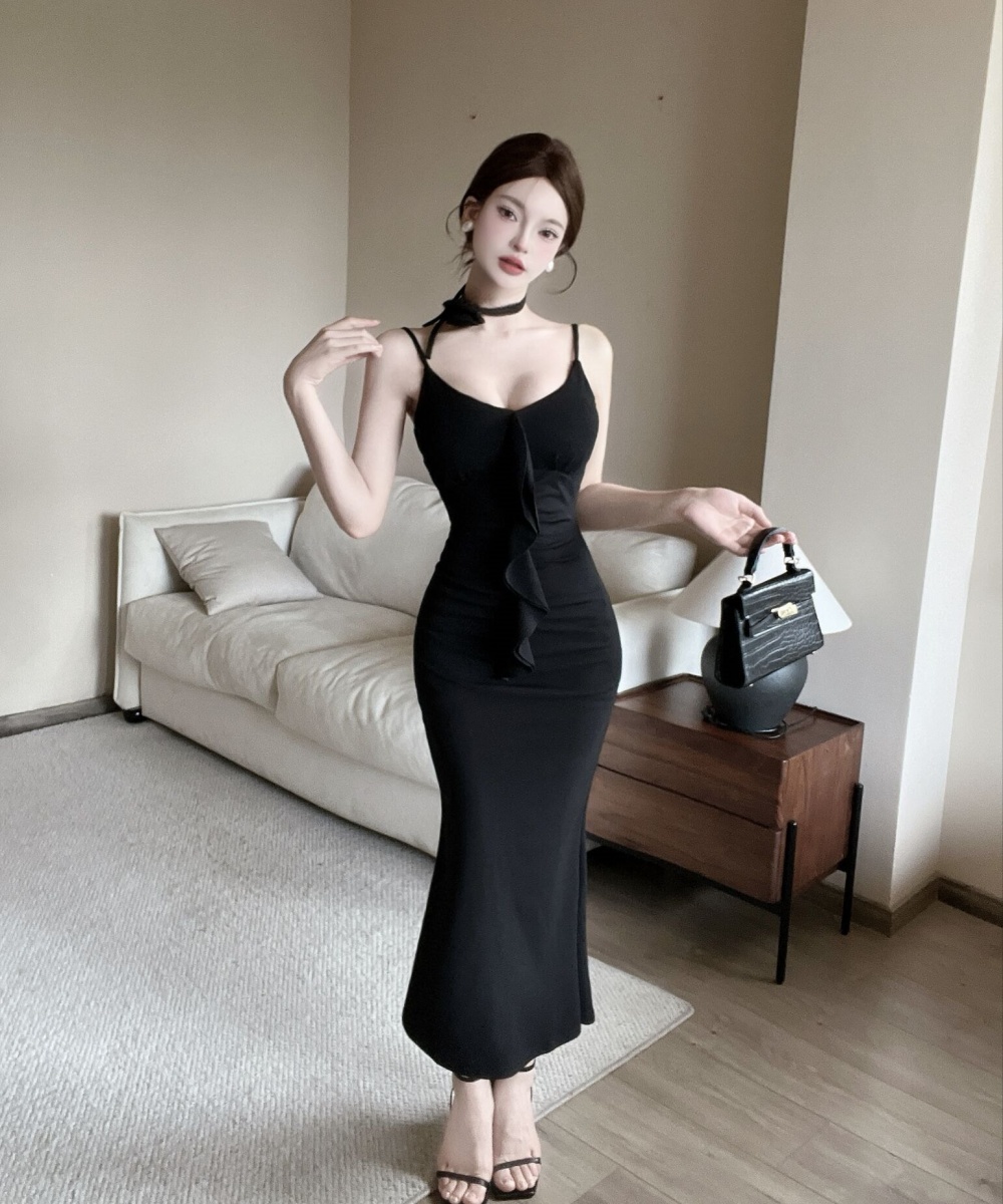 Pinched waist long dress V-neck dress for women