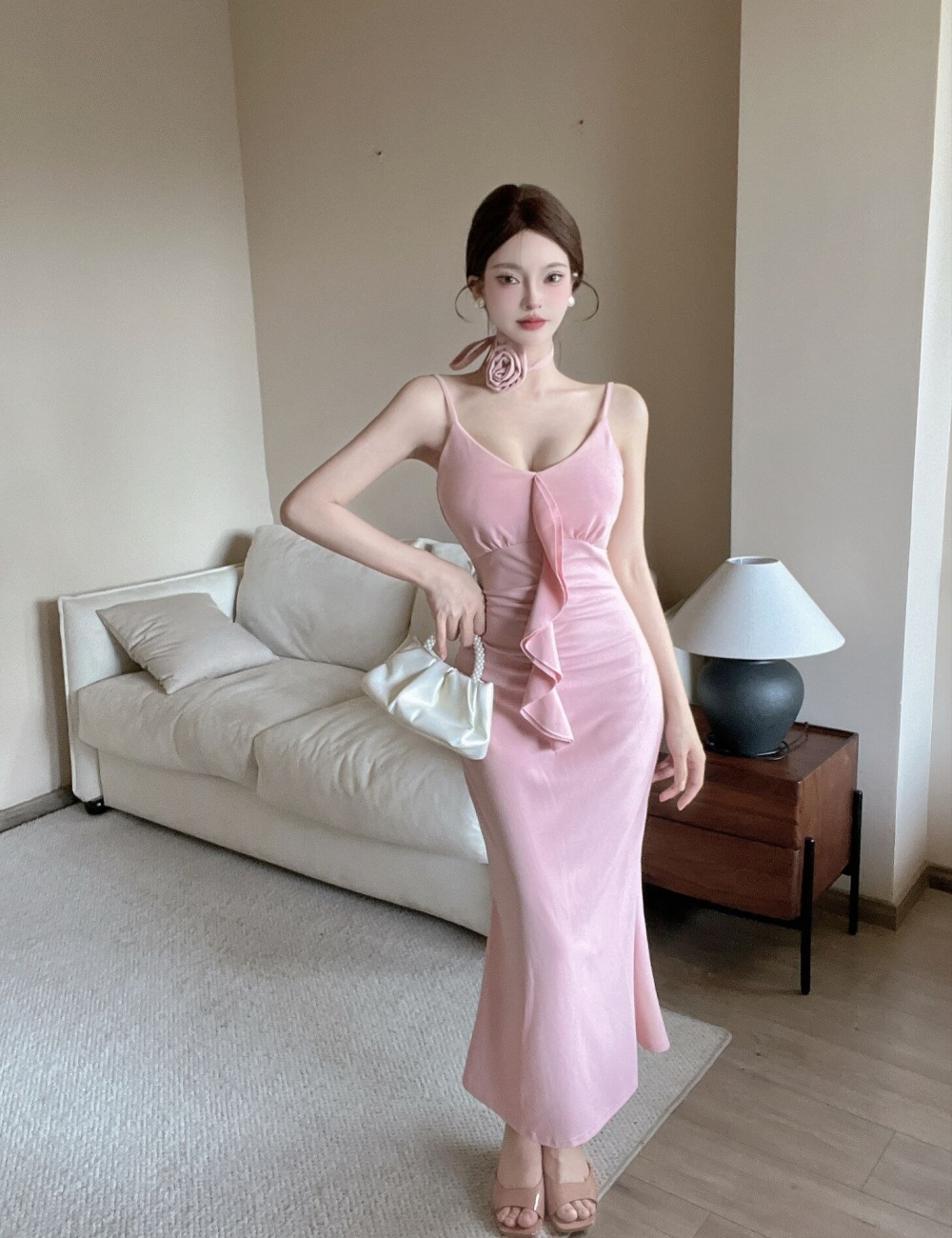 Pinched waist long dress V-neck dress for women