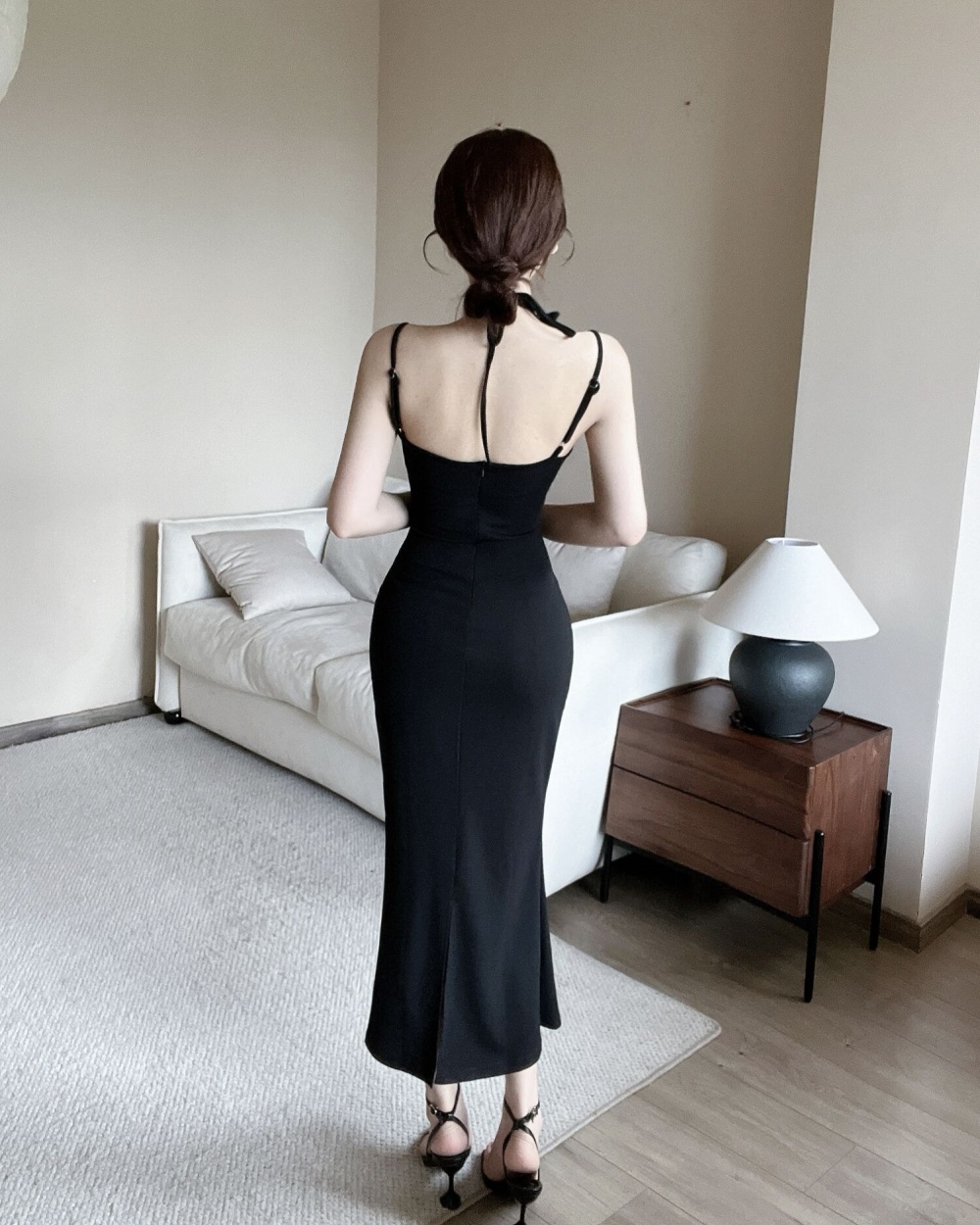 Pinched waist long dress V-neck dress for women