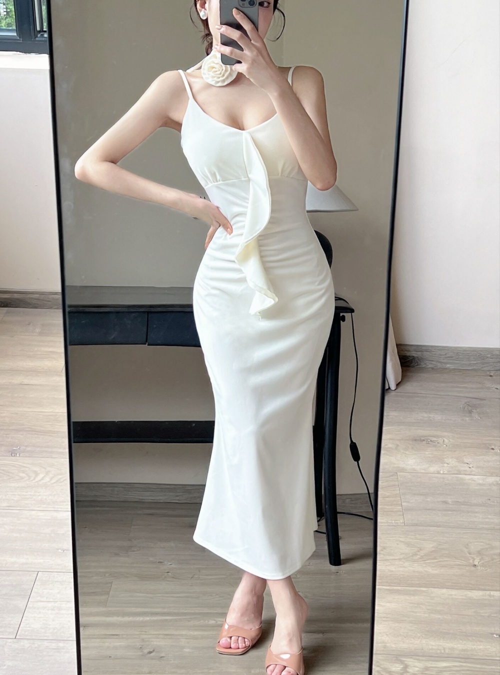 Pinched waist long dress V-neck dress for women