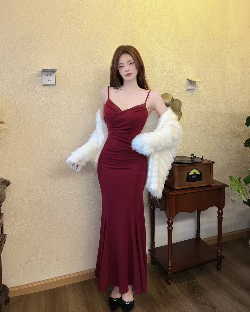 Sling package hip formal dress retro long dress for women