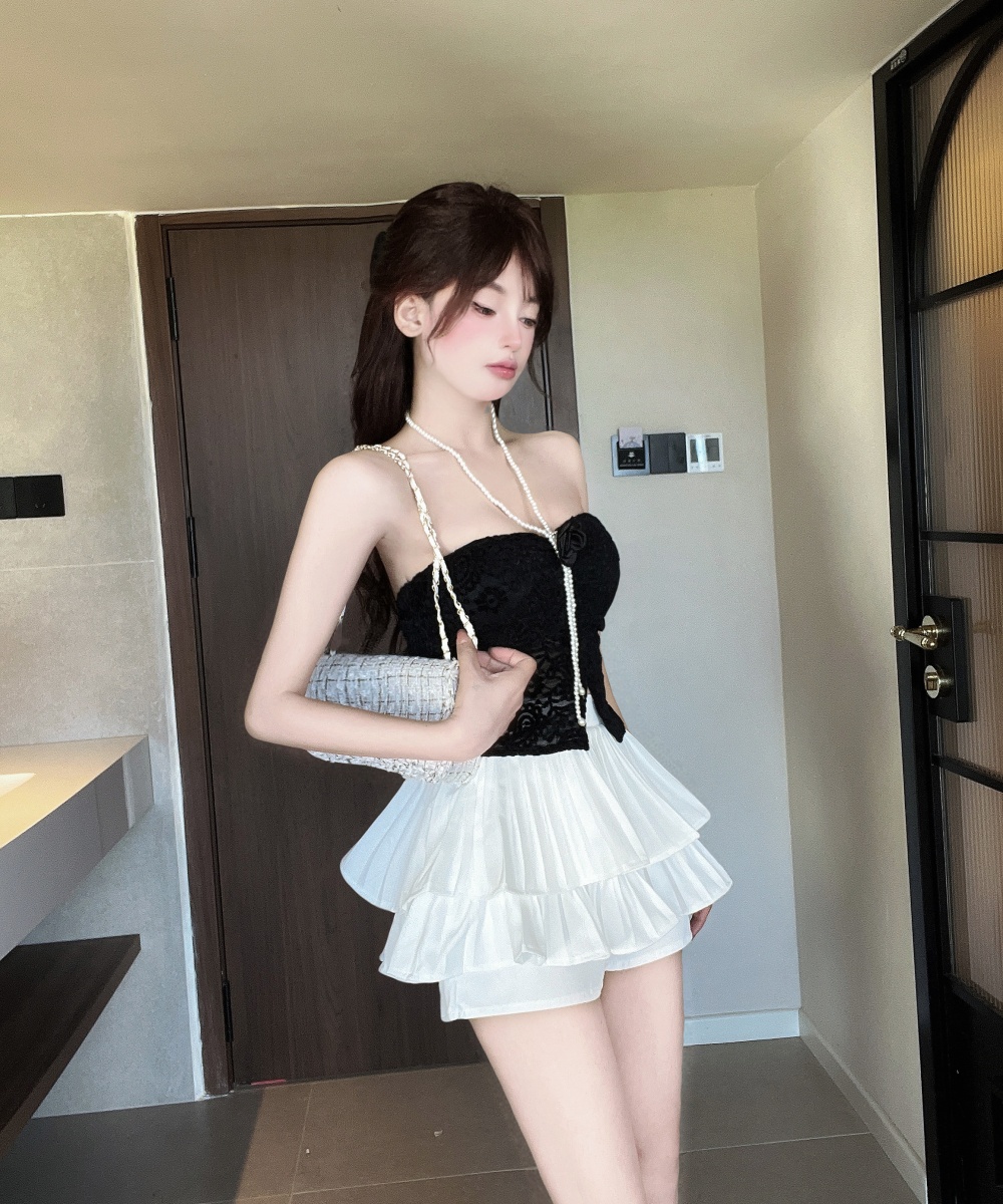 Enticement pearl lace high waist short skirt 2pcs set