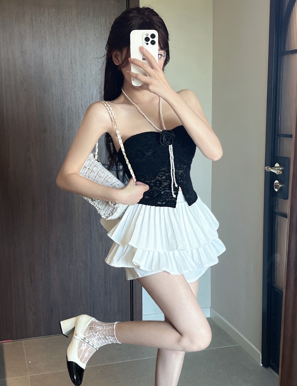 Enticement pearl lace high waist short skirt 2pcs set