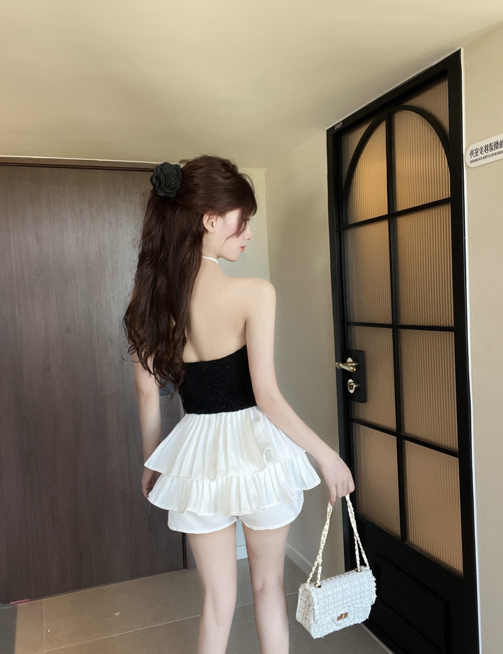 Enticement pearl lace high waist short skirt 2pcs set