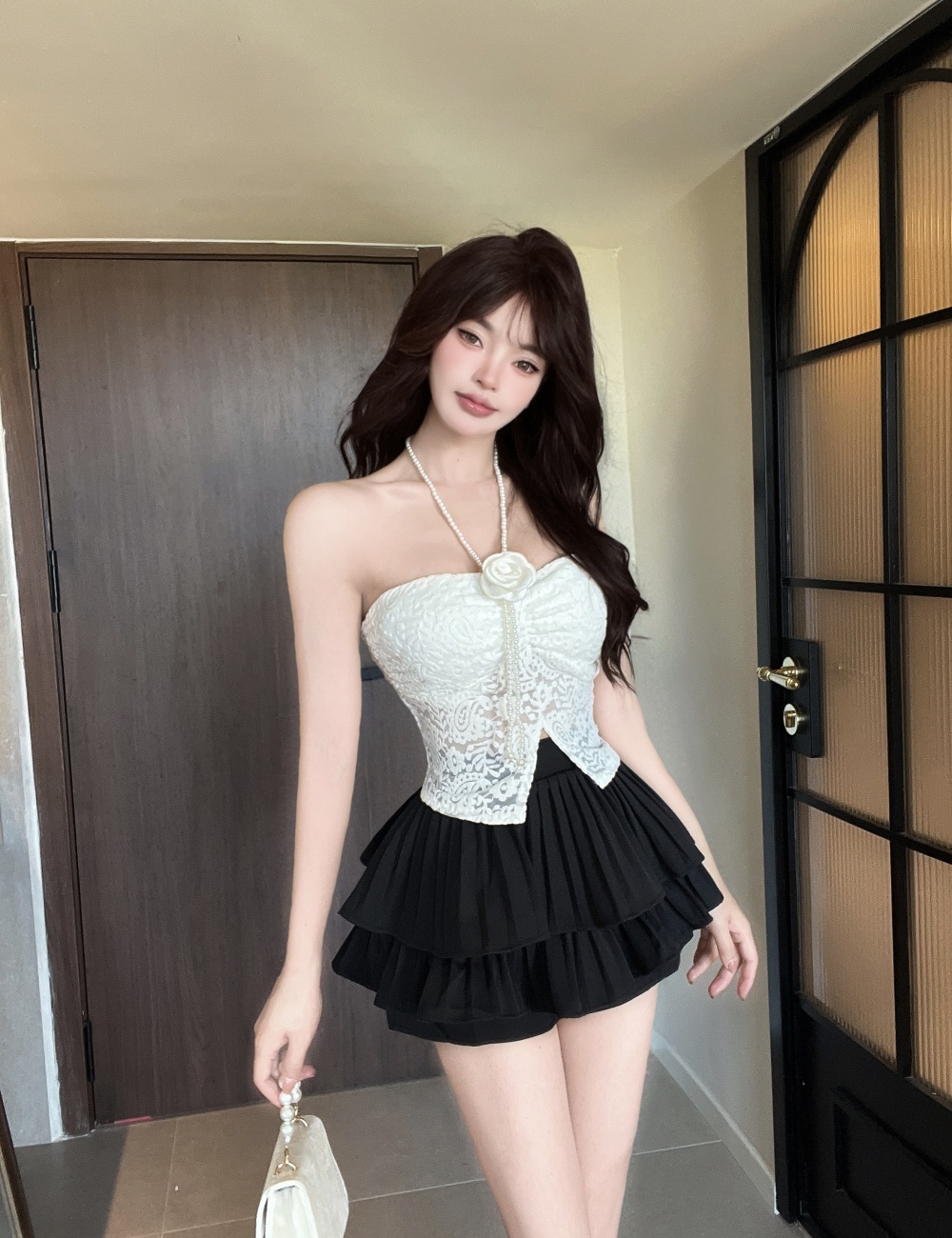 Enticement pearl lace high waist short skirt 2pcs set