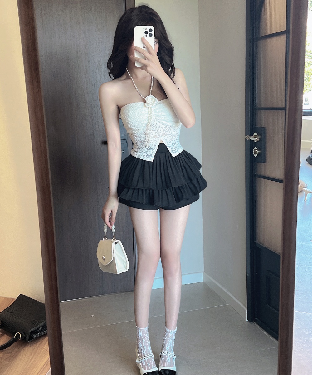 Enticement pearl lace high waist short skirt 2pcs set