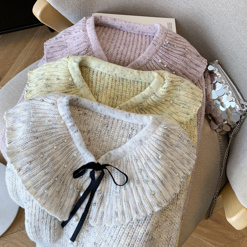 Doll collar pinched waist knitted sweater for women