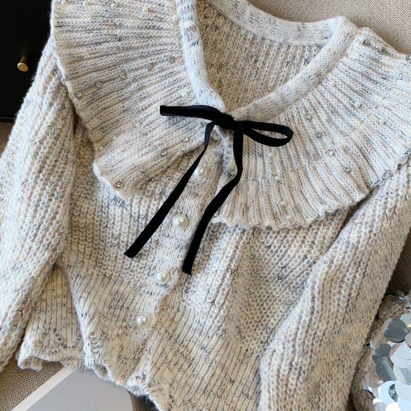 Doll collar pinched waist knitted sweater for women