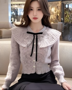 Breasted knitted France style bow short pinched waist sweater