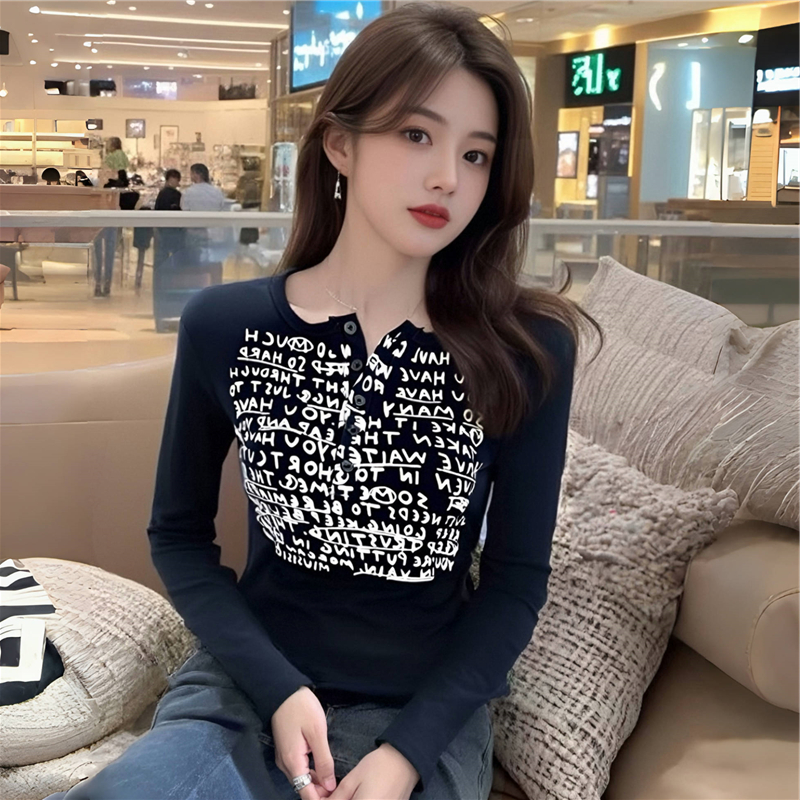 Thick plus velvet tops clavicle letters T-shirt for women