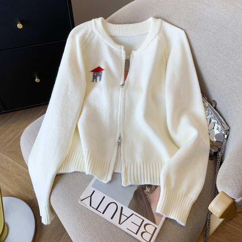 Knitted short jacquard cardigan zip all-match Casual coat