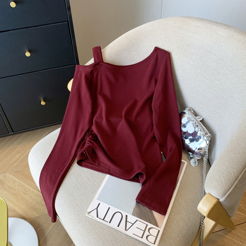 Fold temperament irregular tops long sleeve plus velvet T-shirt