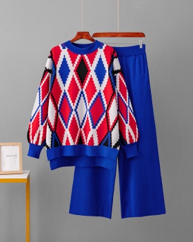 Jacquard multicolor sweater diamond knitted pants a set