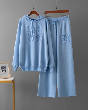 Embroidered tops hooded casual pants 2pcs set