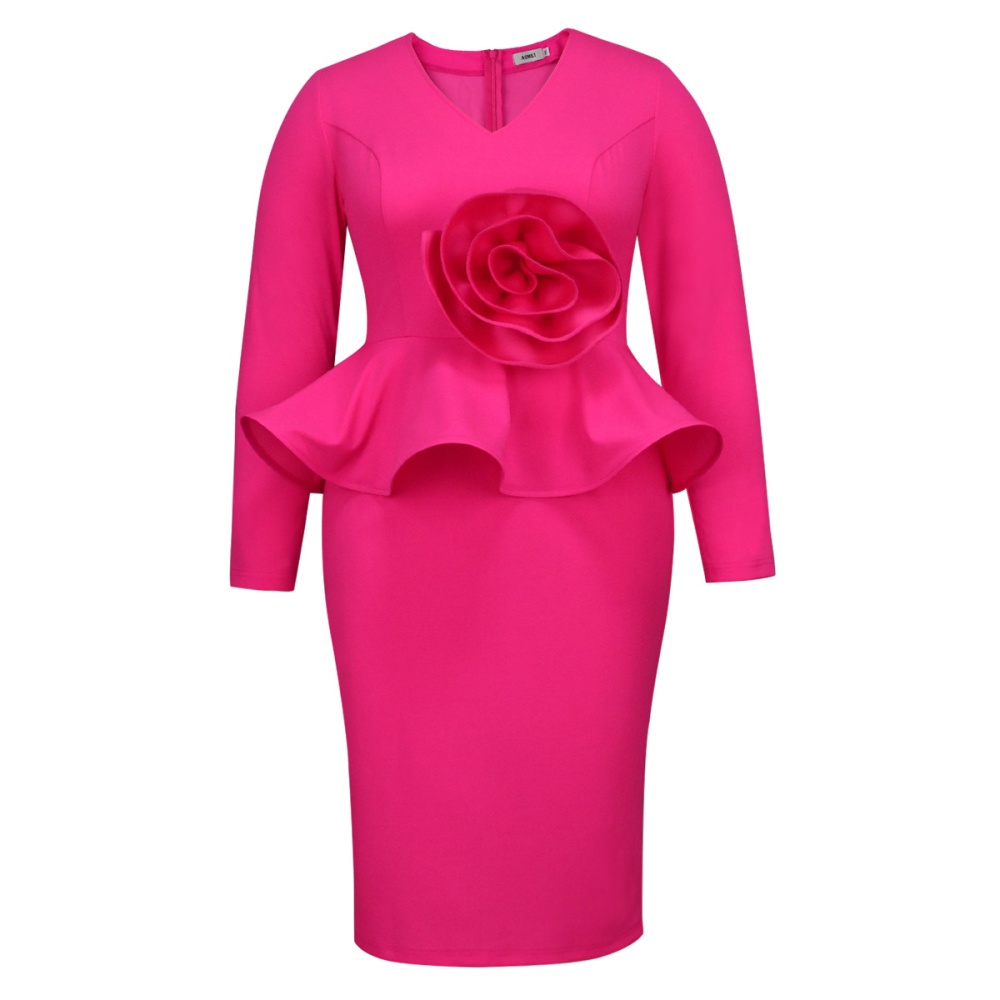 V-neck long sleeve plain dress high waist banquet formal dress