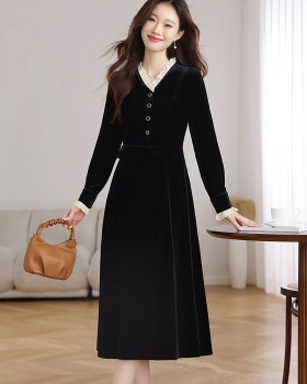 Velvet France style pinched waist retro dress for women