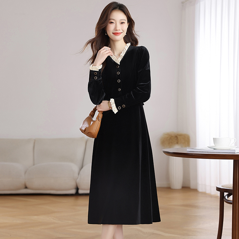 Velvet France style pinched waist retro dress for women