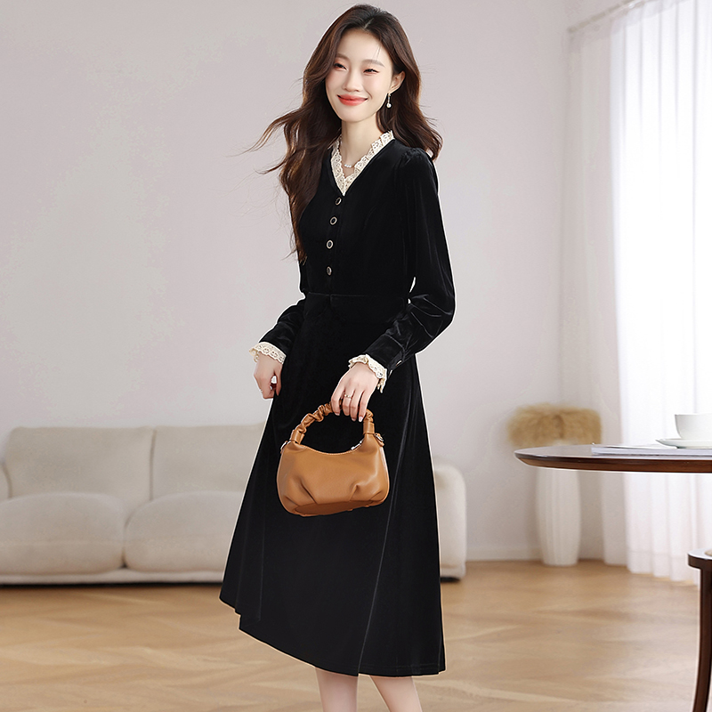 Velvet France style pinched waist retro dress for women