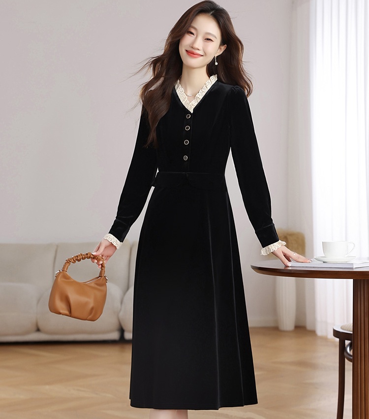 Velvet France style pinched waist retro dress for women