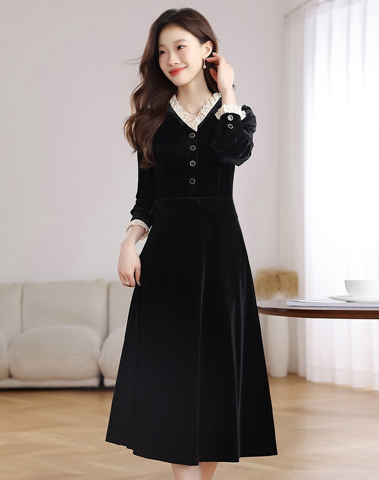 Velvet France style pinched waist retro dress for women