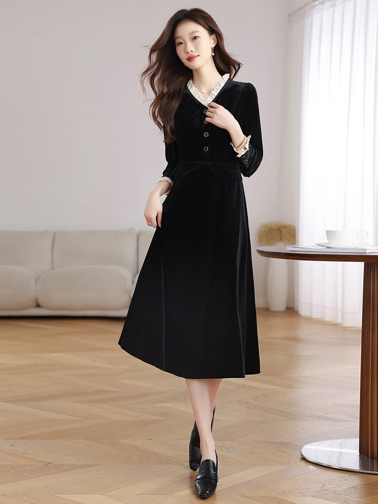 Velvet France style pinched waist retro dress for women