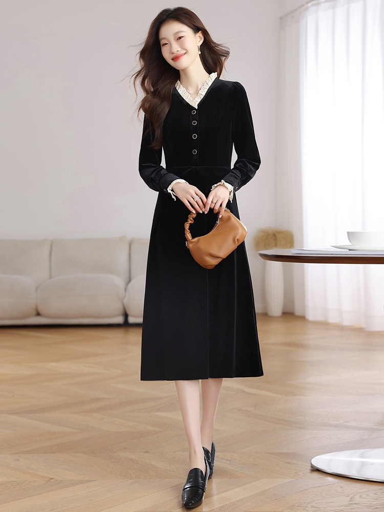 Velvet France style pinched waist retro dress for women