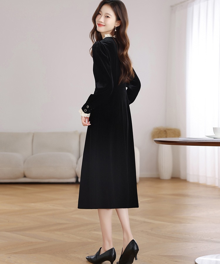 Velvet France style pinched waist retro dress for women