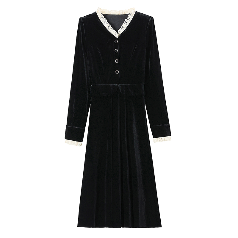 Velvet France style pinched waist retro dress for women