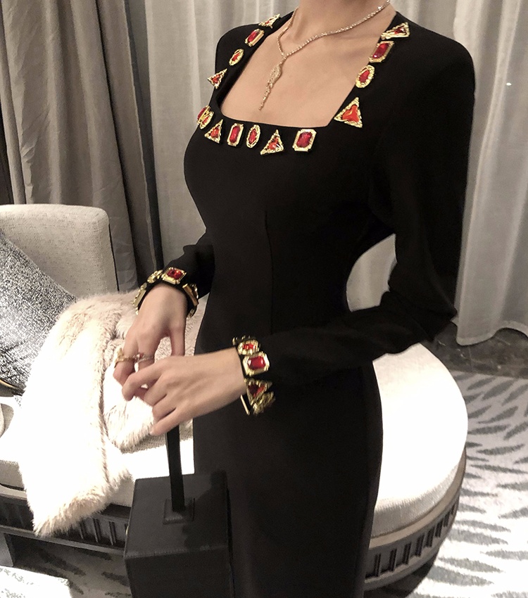 Long sleeve ladies long dress slim diamond formal dress