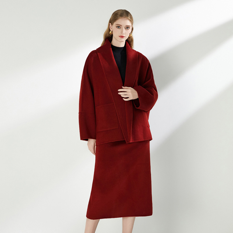 Bat sleeve skirt two-sided cashmere wool coat 2pcs set