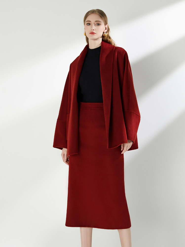 Bat sleeve skirt two-sided cashmere wool coat 2pcs set