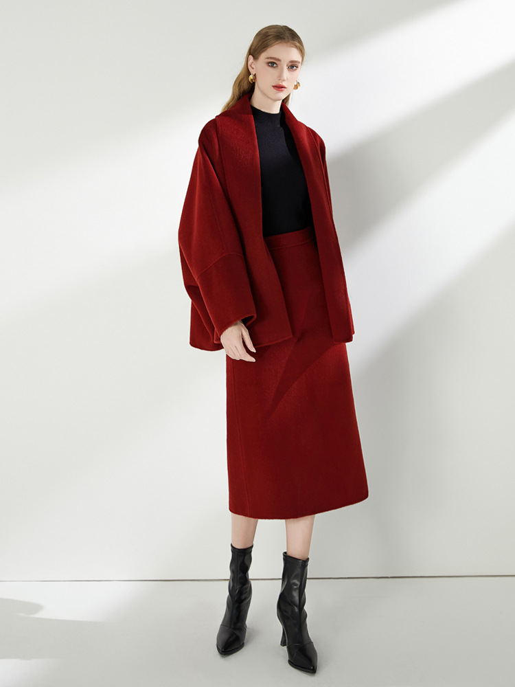 Bat sleeve skirt two-sided cashmere wool coat 2pcs set