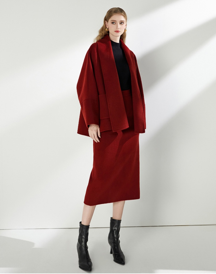 Bat sleeve skirt two-sided cashmere wool coat 2pcs set