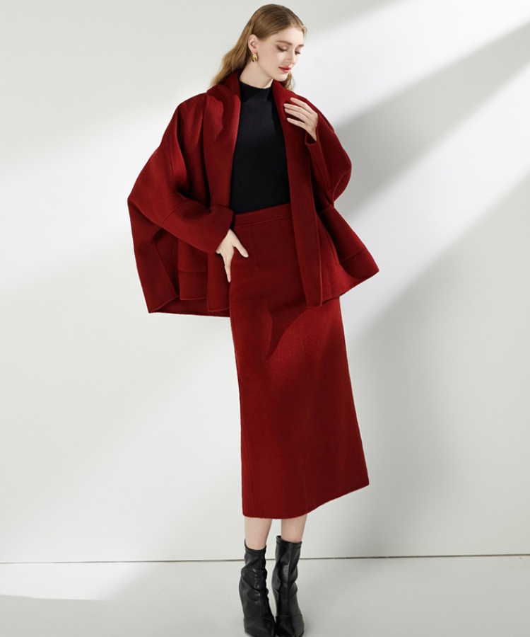 Bat sleeve skirt two-sided cashmere wool coat 2pcs set