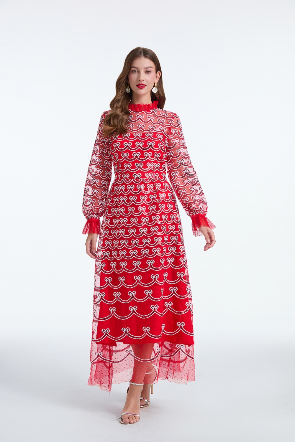 Embroidery long sleeve evening dress banquet dress