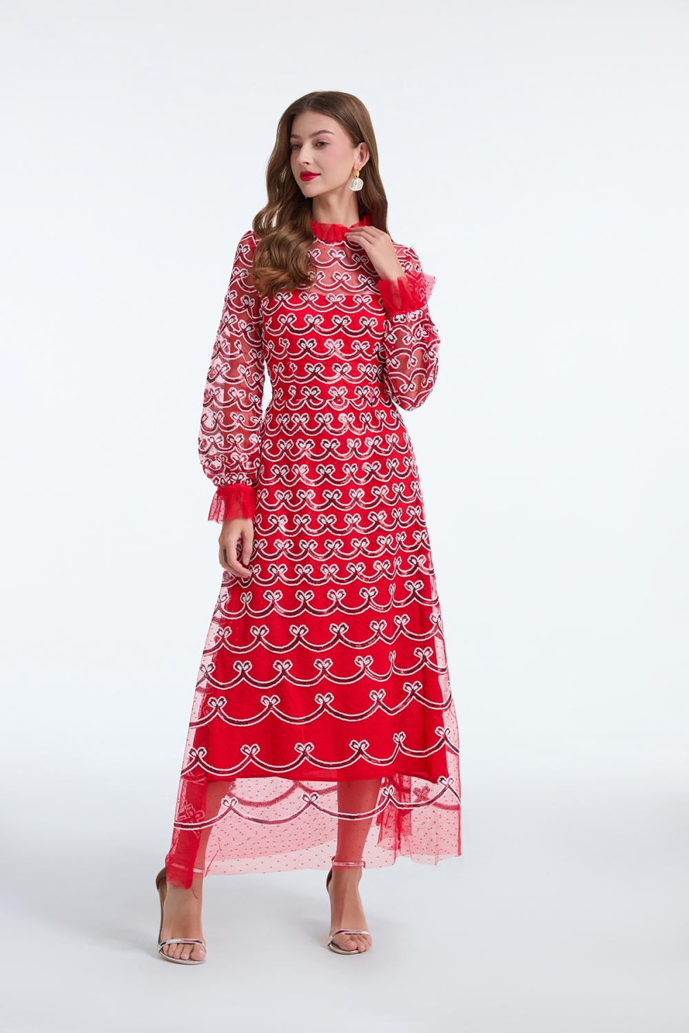 Embroidery long sleeve evening dress banquet dress