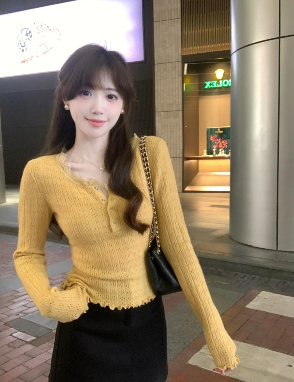 Pinched waist crochet slim autumn knitted sweater