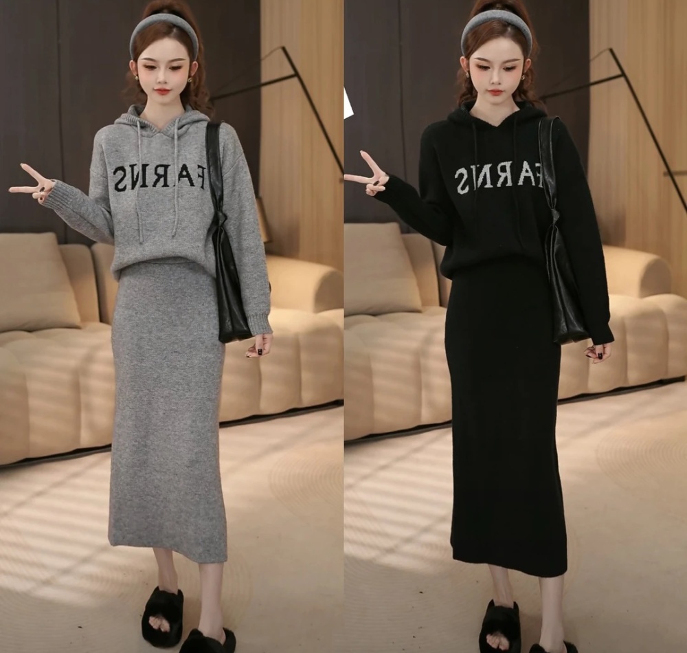 Fashion hooded lazy skirt letters jacquard sweater 2pcs set