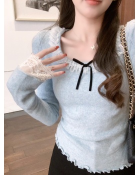 Was white mixed colors knitted bow lace collar tops