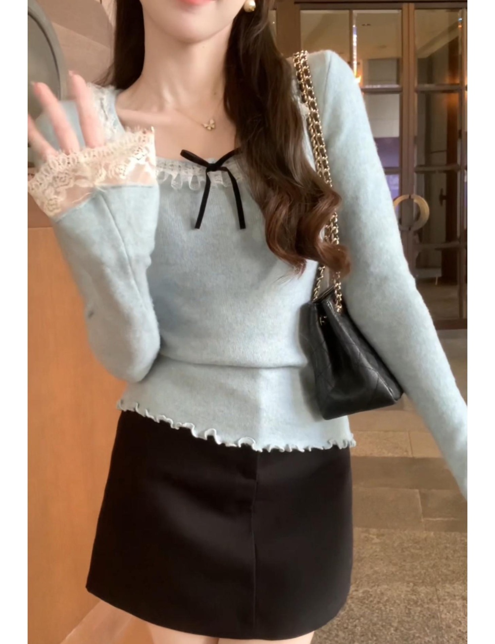 Was white mixed colors knitted bow lace collar tops