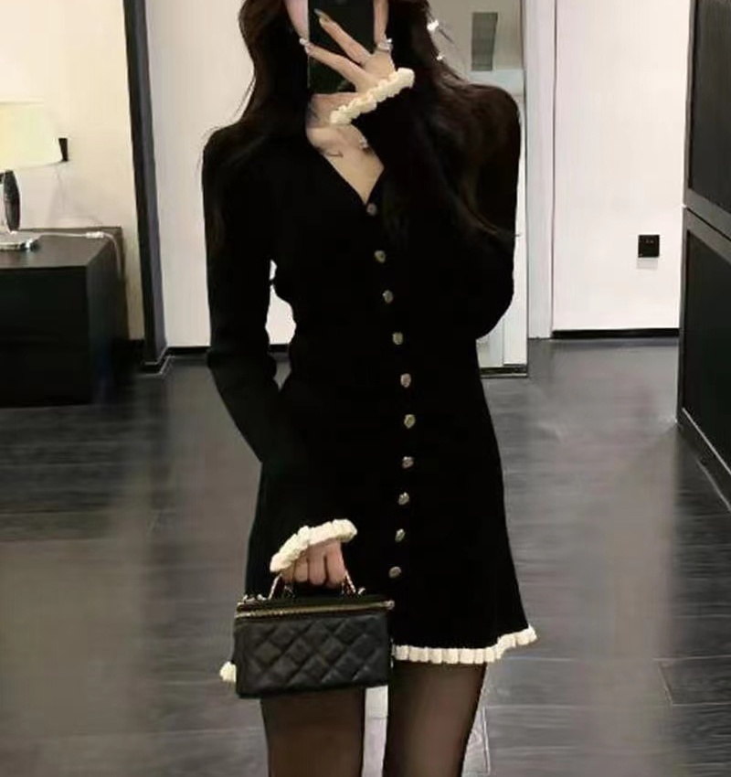 Temperament France style Casual knitted black dress