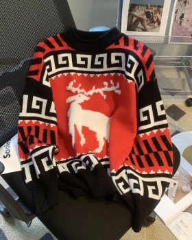 Jacquard red fawn tops christmas retro winter sweater for women