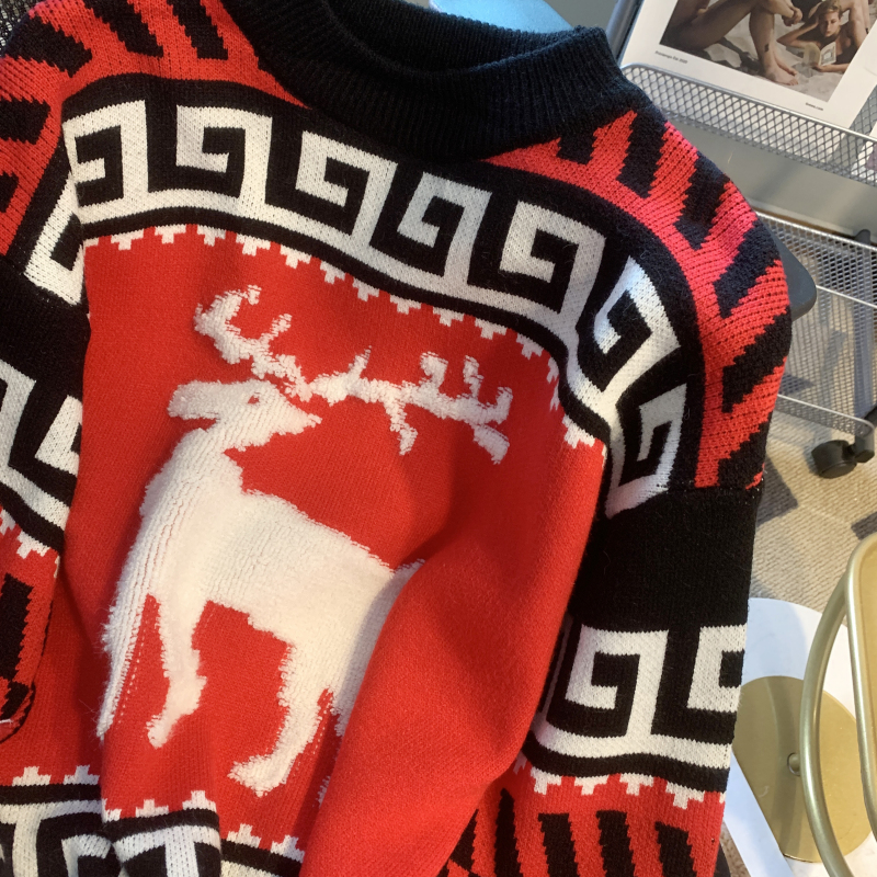 Jacquard red fawn tops christmas retro winter sweater for women