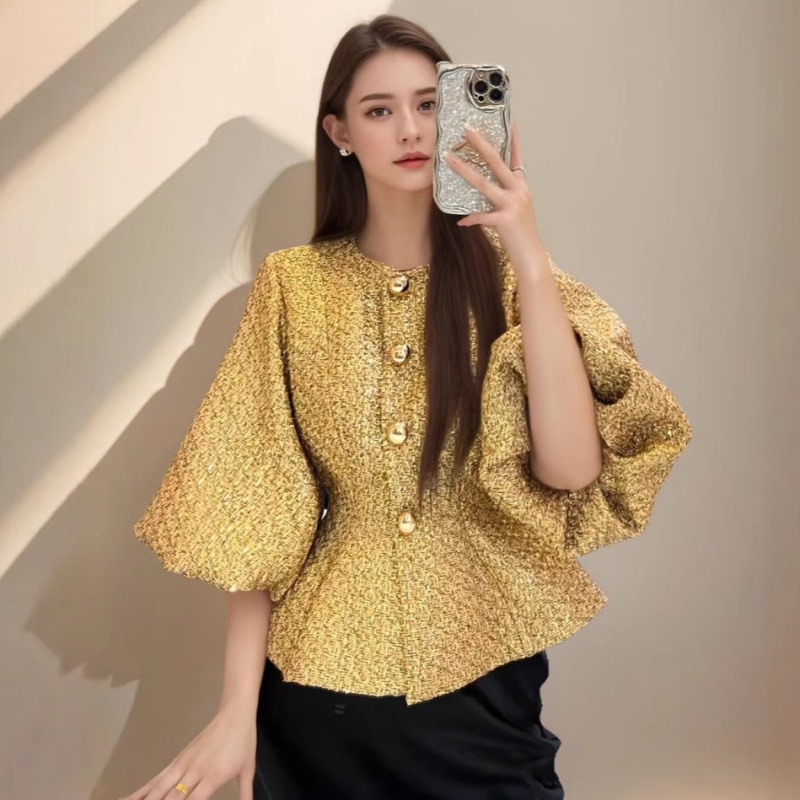 Round neck gold loose fashion autumn puff sleeve jacket