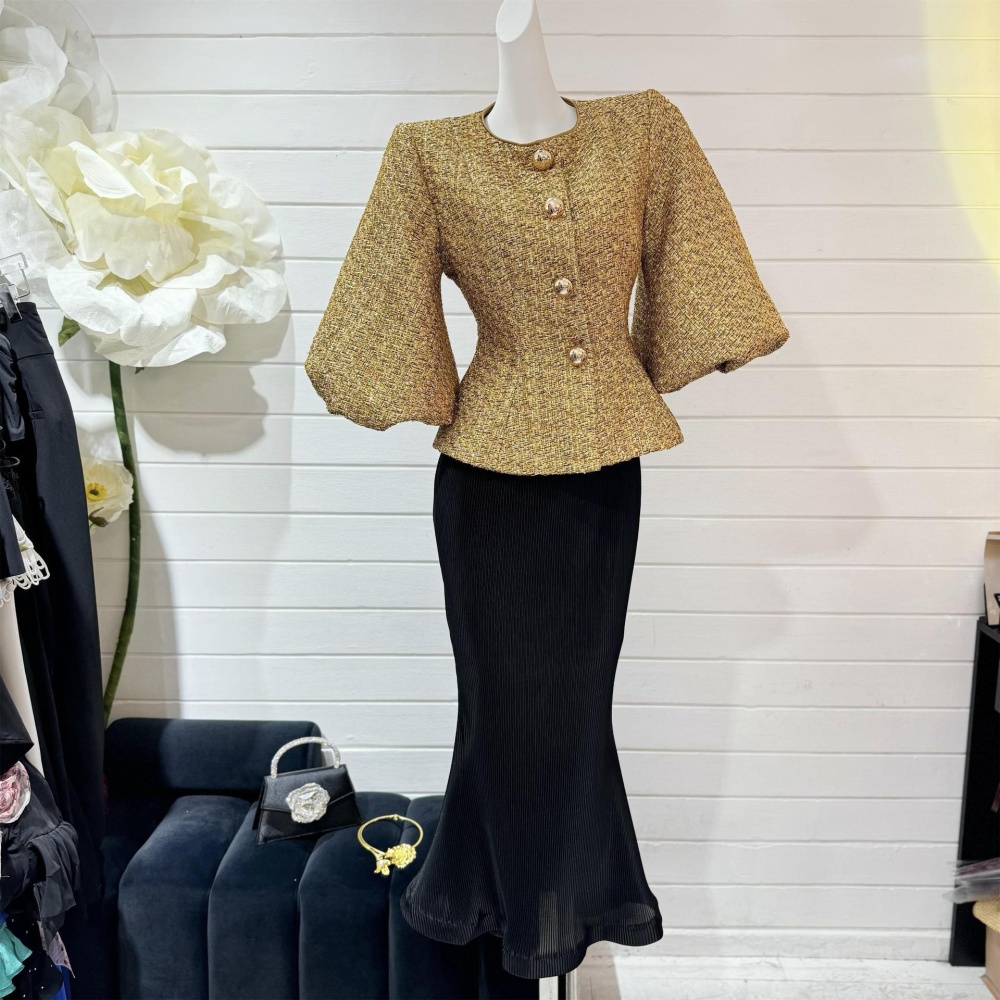 Round neck gold loose fashion autumn puff sleeve jacket