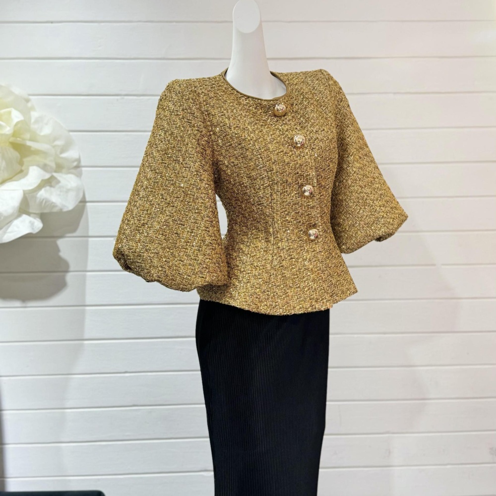 Round neck gold loose fashion autumn puff sleeve jacket