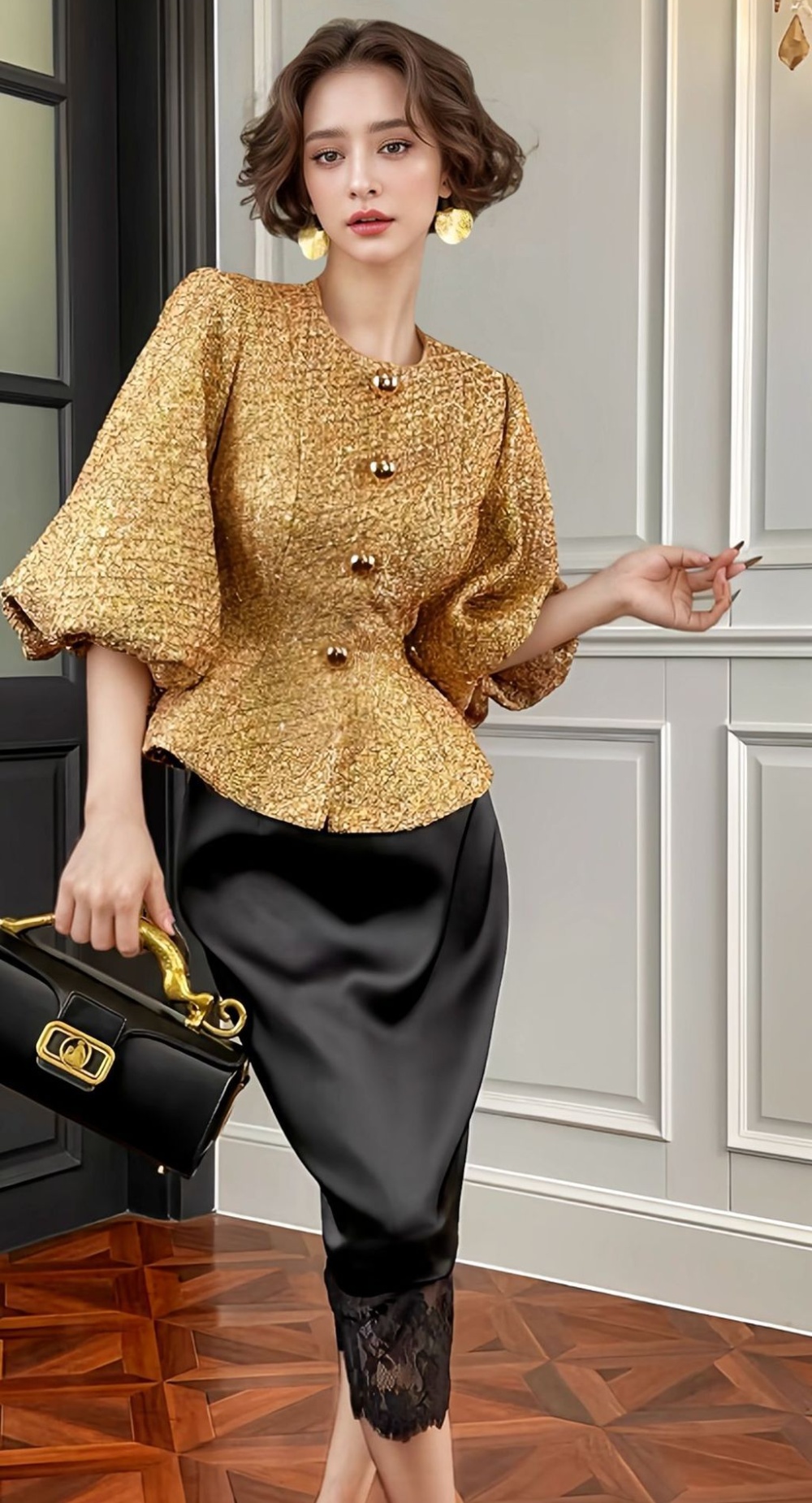 Round neck gold loose fashion autumn puff sleeve jacket