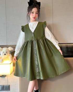 Spring autumn leather skirt girl dress 2pcs set