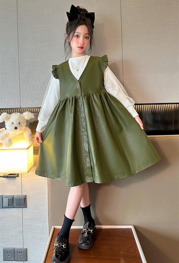 Spring autumn leather skirt girl dress 2pcs set