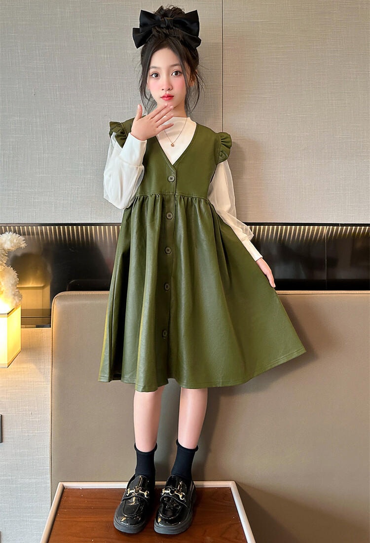 Spring autumn leather skirt girl dress 2pcs set